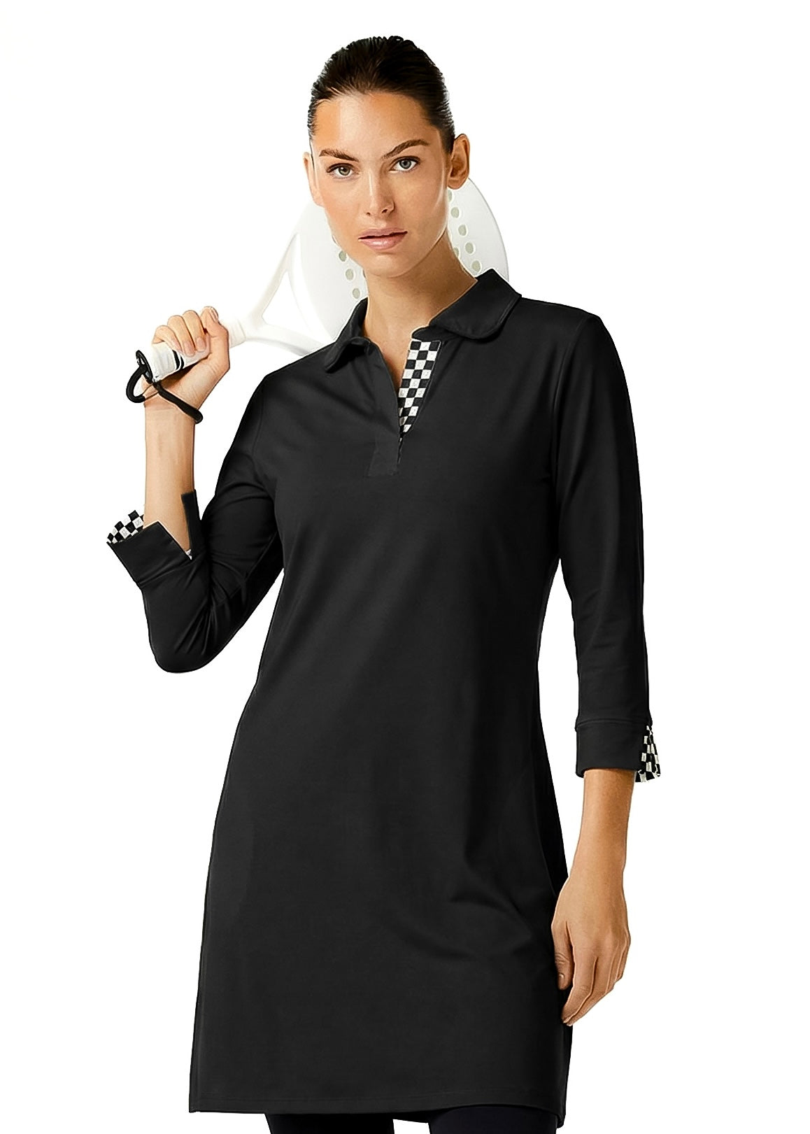 3/4 SLEEVE POLO NECK POLY DRESS (Black)