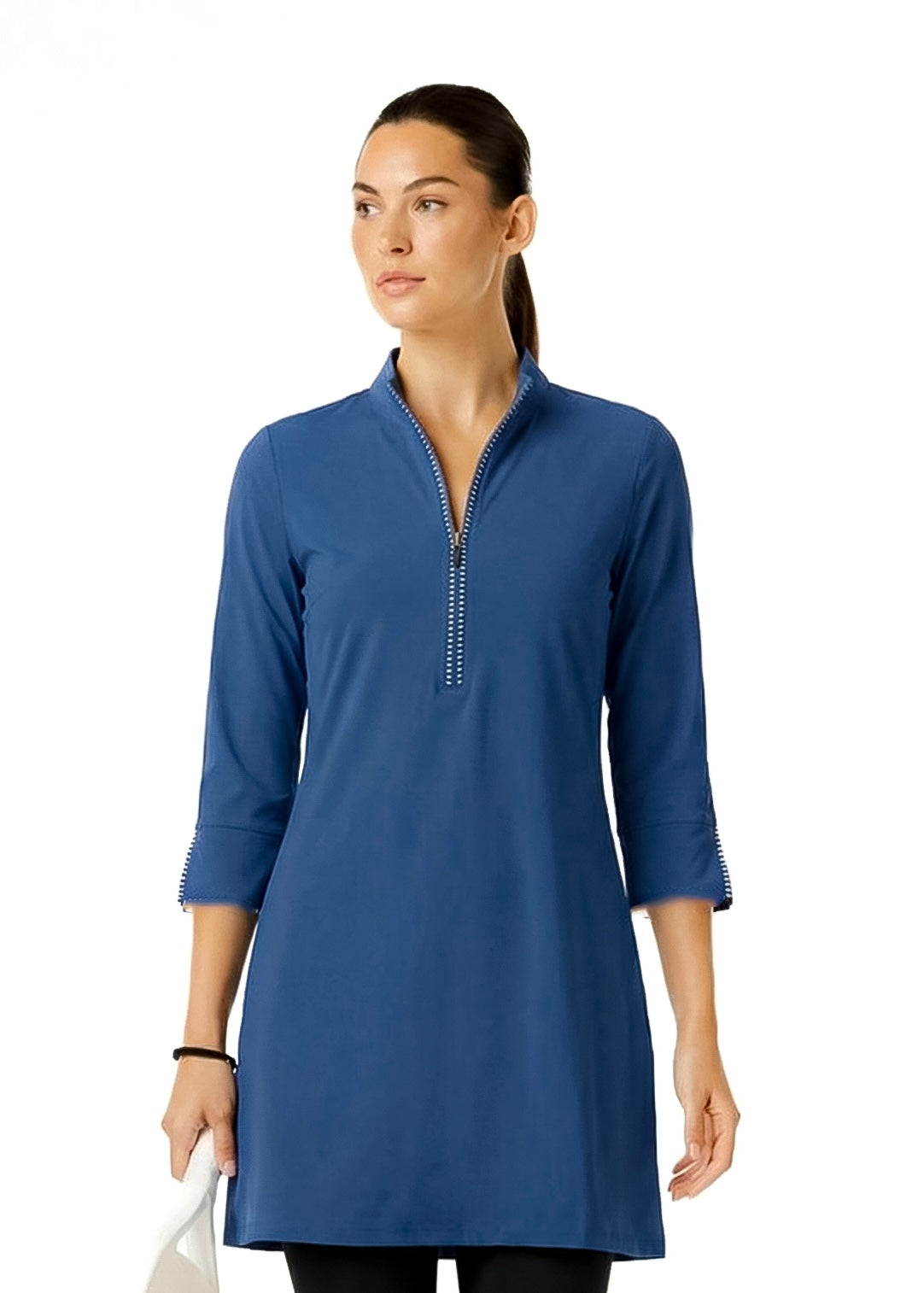 Stripe 3/4 Slit Sleeves Piping Portrait Neckline & Mock Zip Collar (Navy)