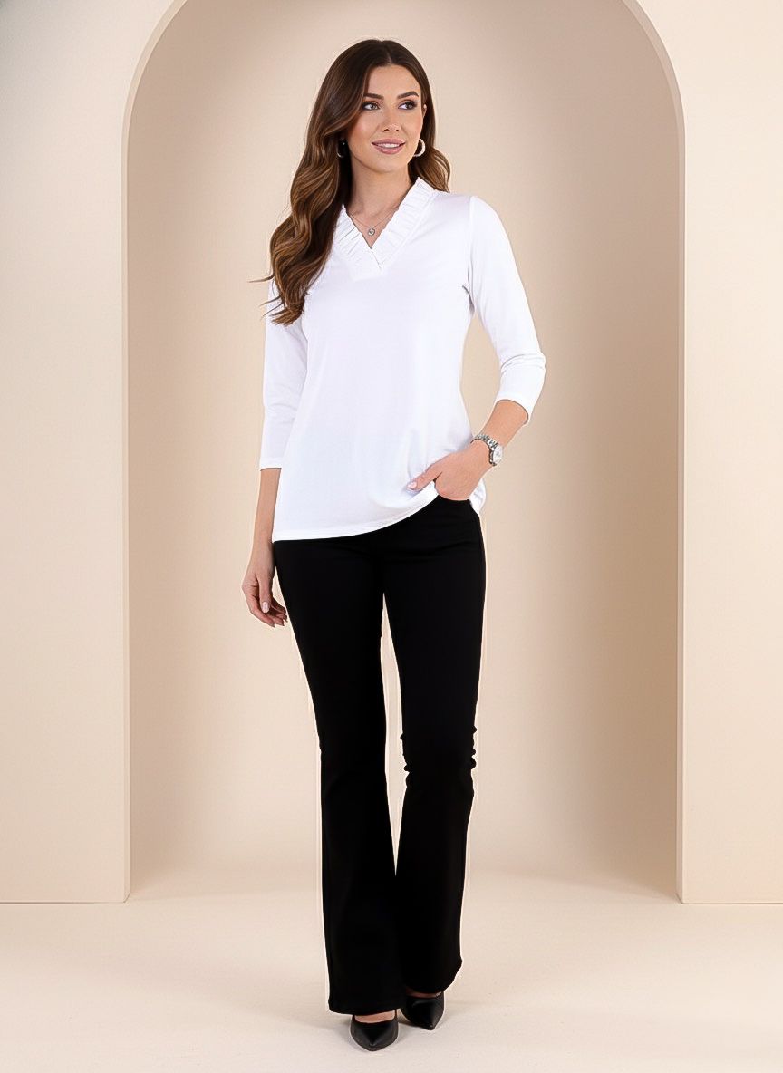 Solid Knit 3/4 Sleeve Ruffle Portrait Neck Top