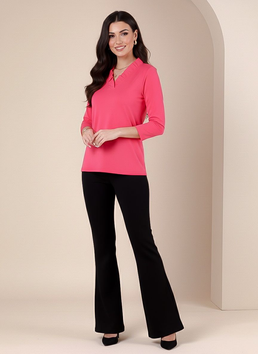 Solid Knit 3/4 Sleeve Ruffle Portrait Neck Top