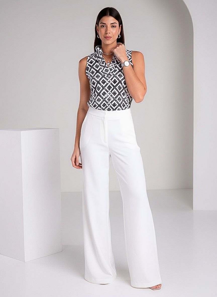 Key mia Print Cotton Knit Sleeveless Ruffle Portrait Neck Top