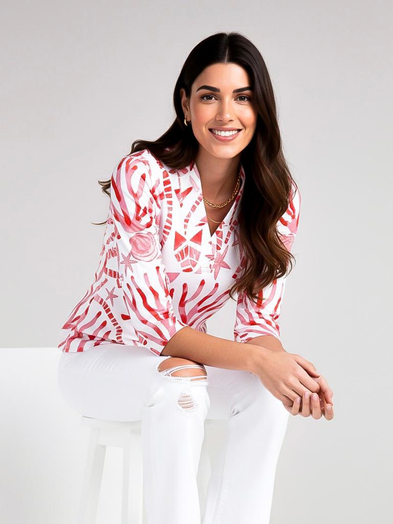 Coralia print cotton Knit 3/4 Sleeve Ruffle Portrait Neck Top