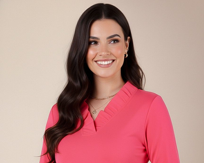 Solid Knit 3/4 Sleeve Ruffle Portrait Neck Top