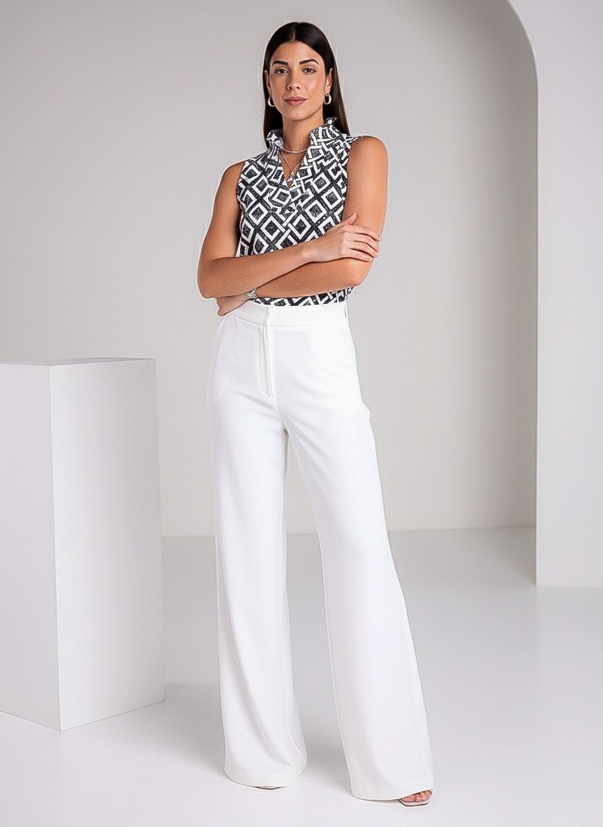 Key mia Print Cotton Knit Sleeveless Ruffle Portrait Neck Top