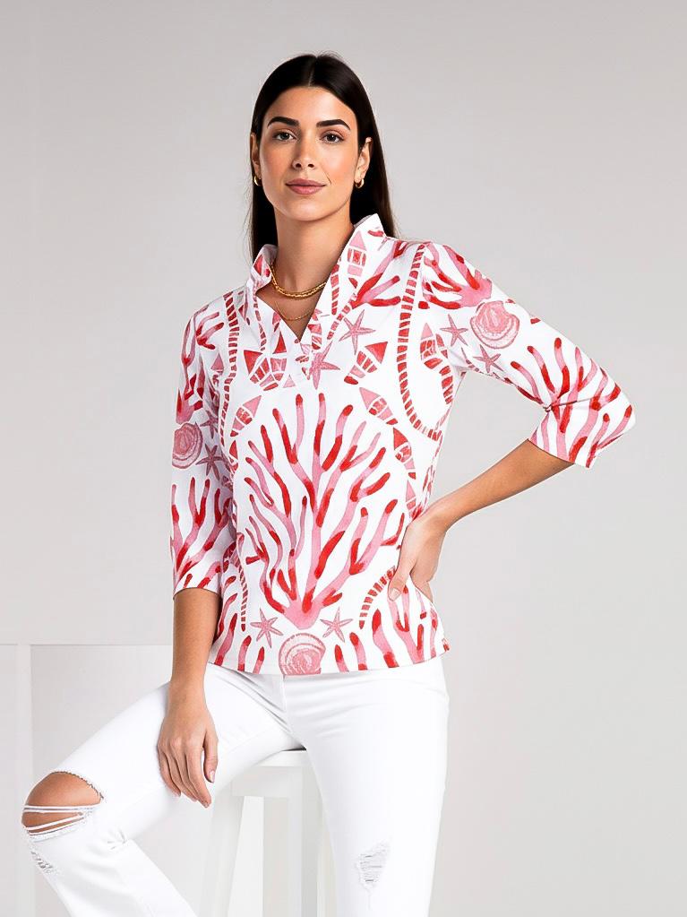 Coralia print cotton Knit 3/4 Sleeve Ruffle Portrait Neck Top