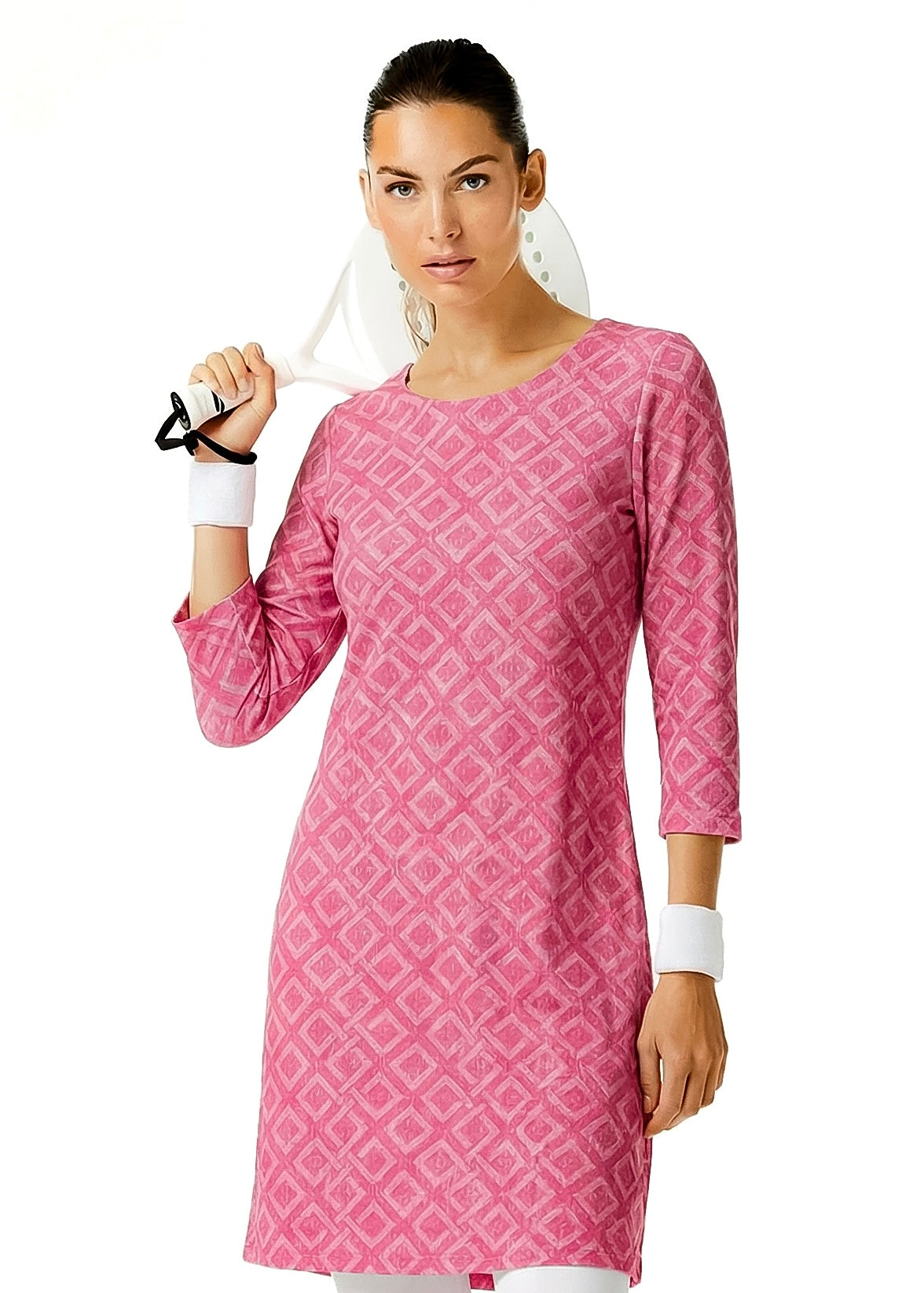 3/4 SLEEVE CREW NECK POLY MONOCHROME DRESS (Nude Pink)