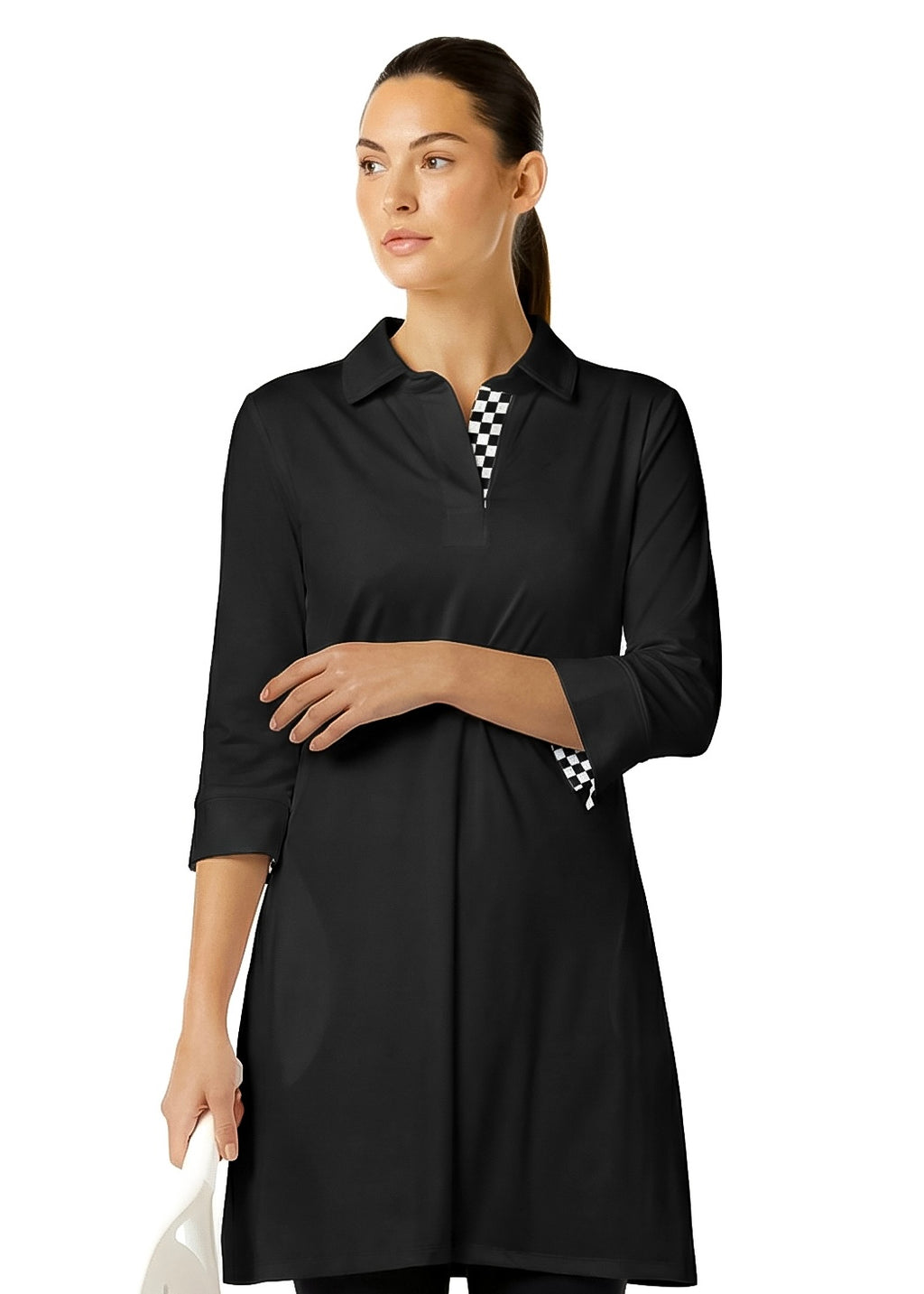 3/4 SLEEVE POLO NECK POLY DRESS (Black)