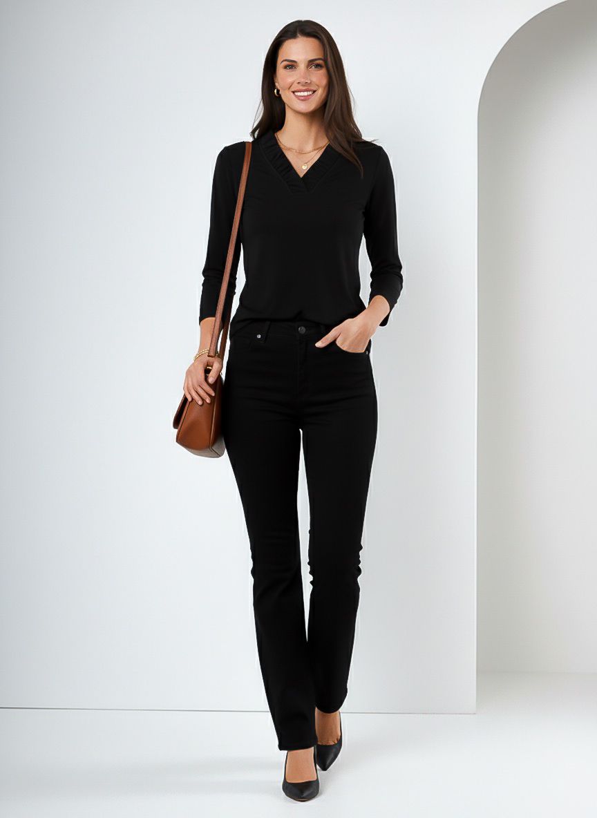 Solid Knit 3/4 Sleeve Ruffle Portrait Neck Top