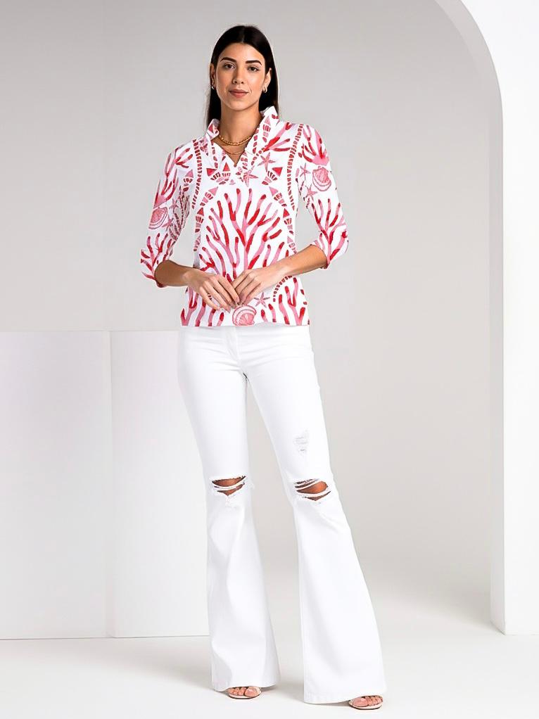 Coralia print cotton Knit 3/4 Sleeve Ruffle Portrait Neck Top