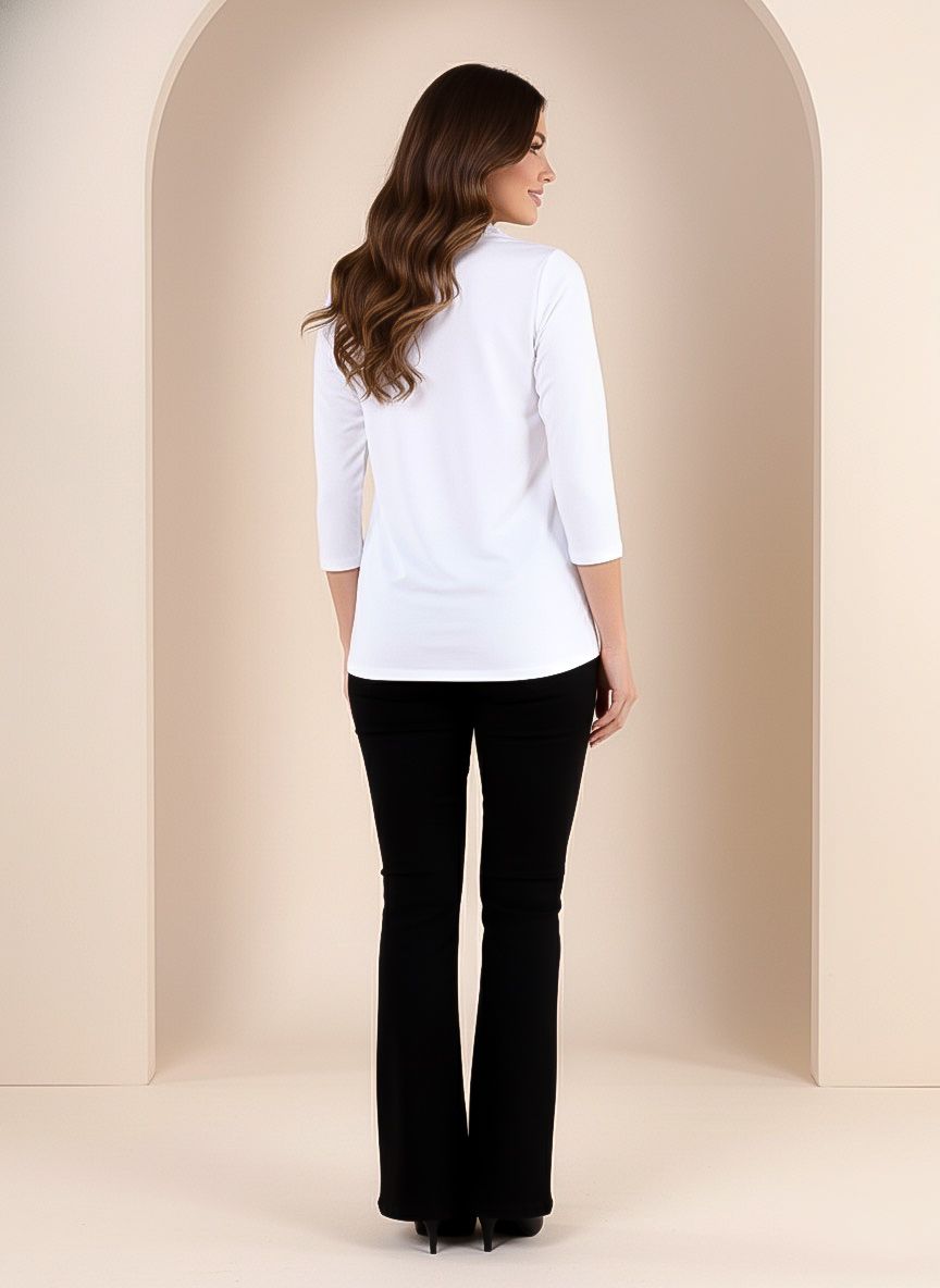 Solid Knit 3/4 Sleeve Ruffle Portrait Neck Top