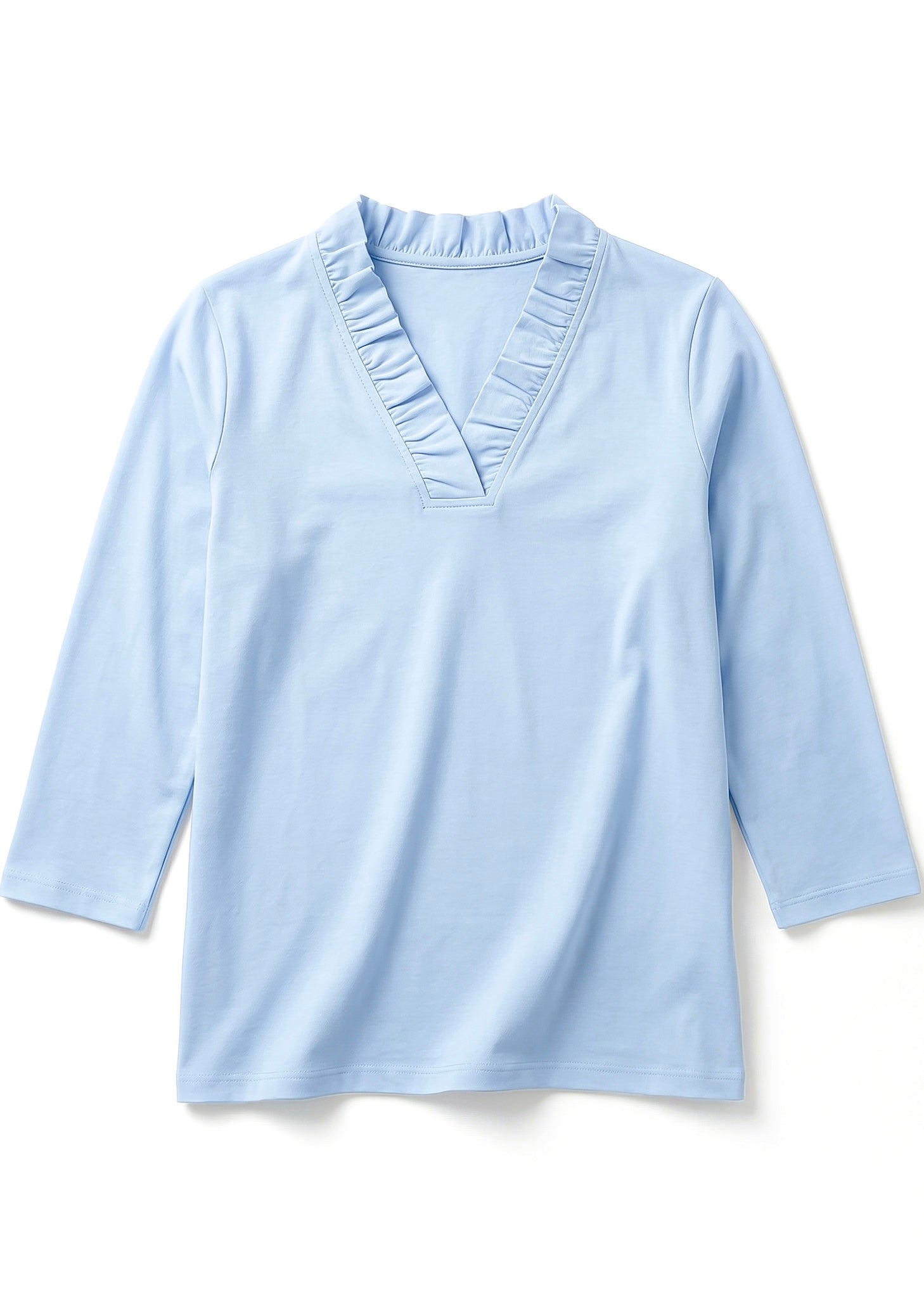 Solid Knit 3/4 Sleeve Ruffle Portrait Neck Top