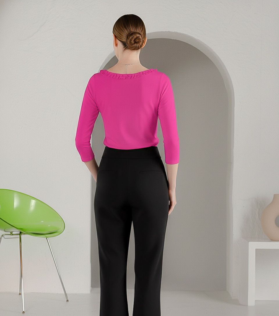 Solid Knit 3/4 Sleeve Ruffle Scoop Neck Top