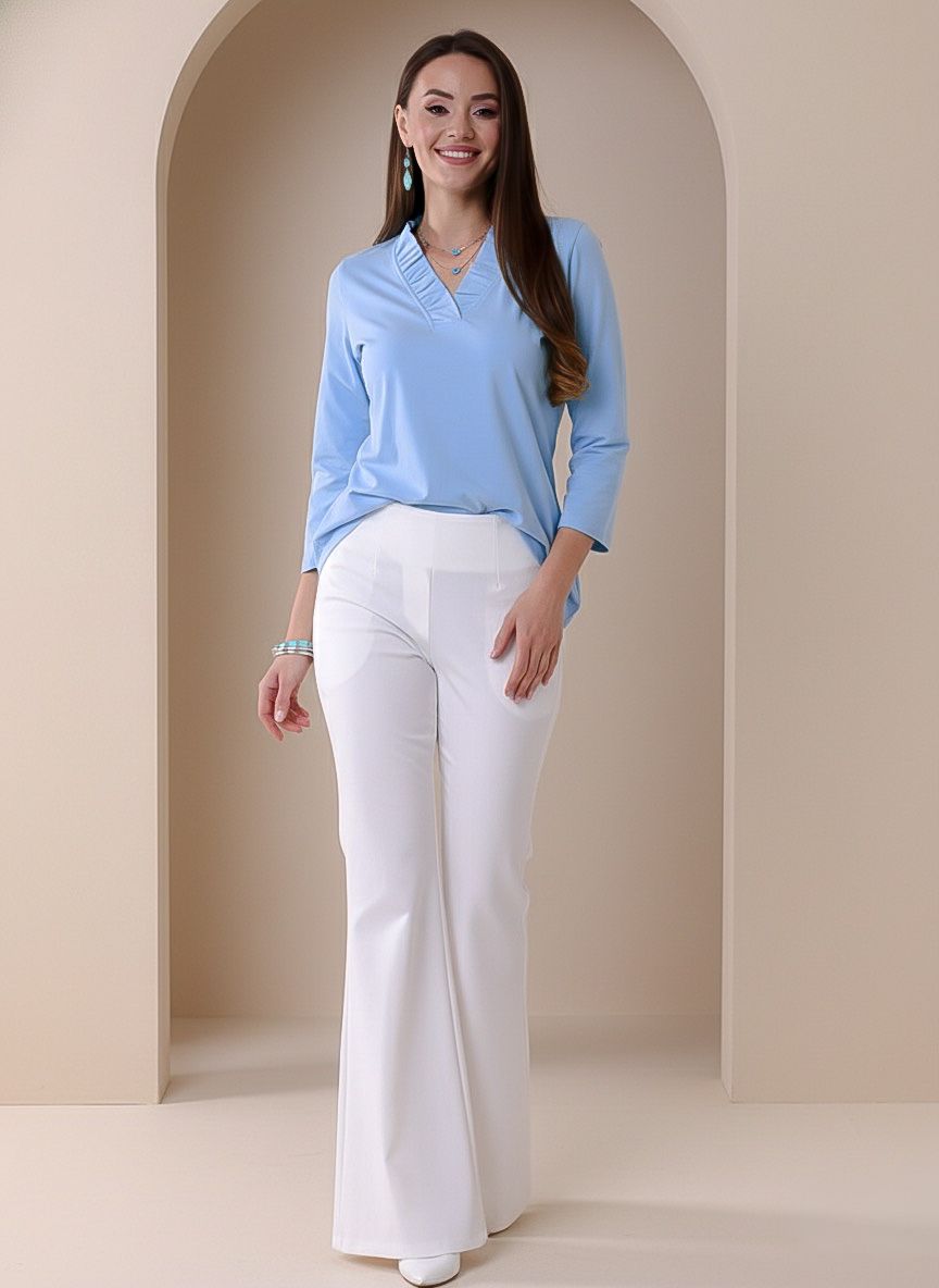 Solid Knit 3/4 Sleeve Ruffle Portrait Neck Top