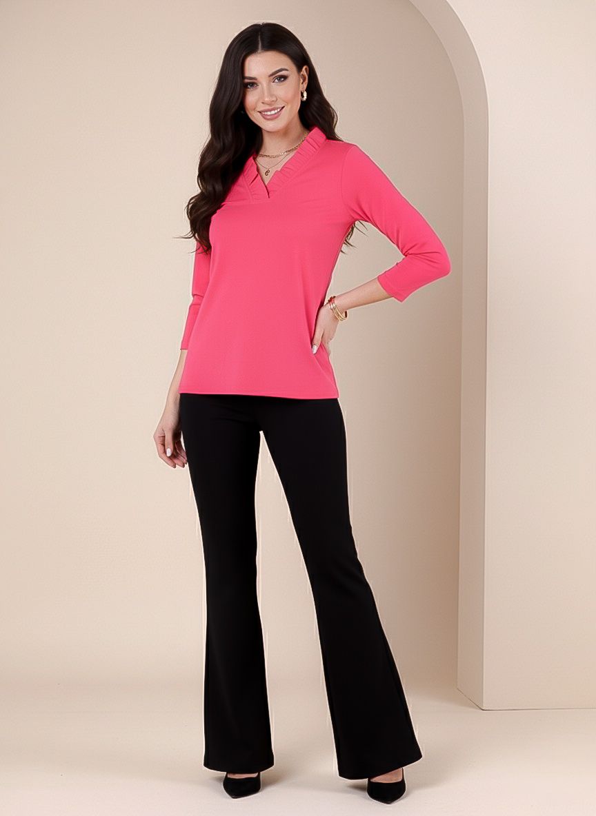 Solid Knit 3/4 Sleeve Ruffle Portrait Neck Top