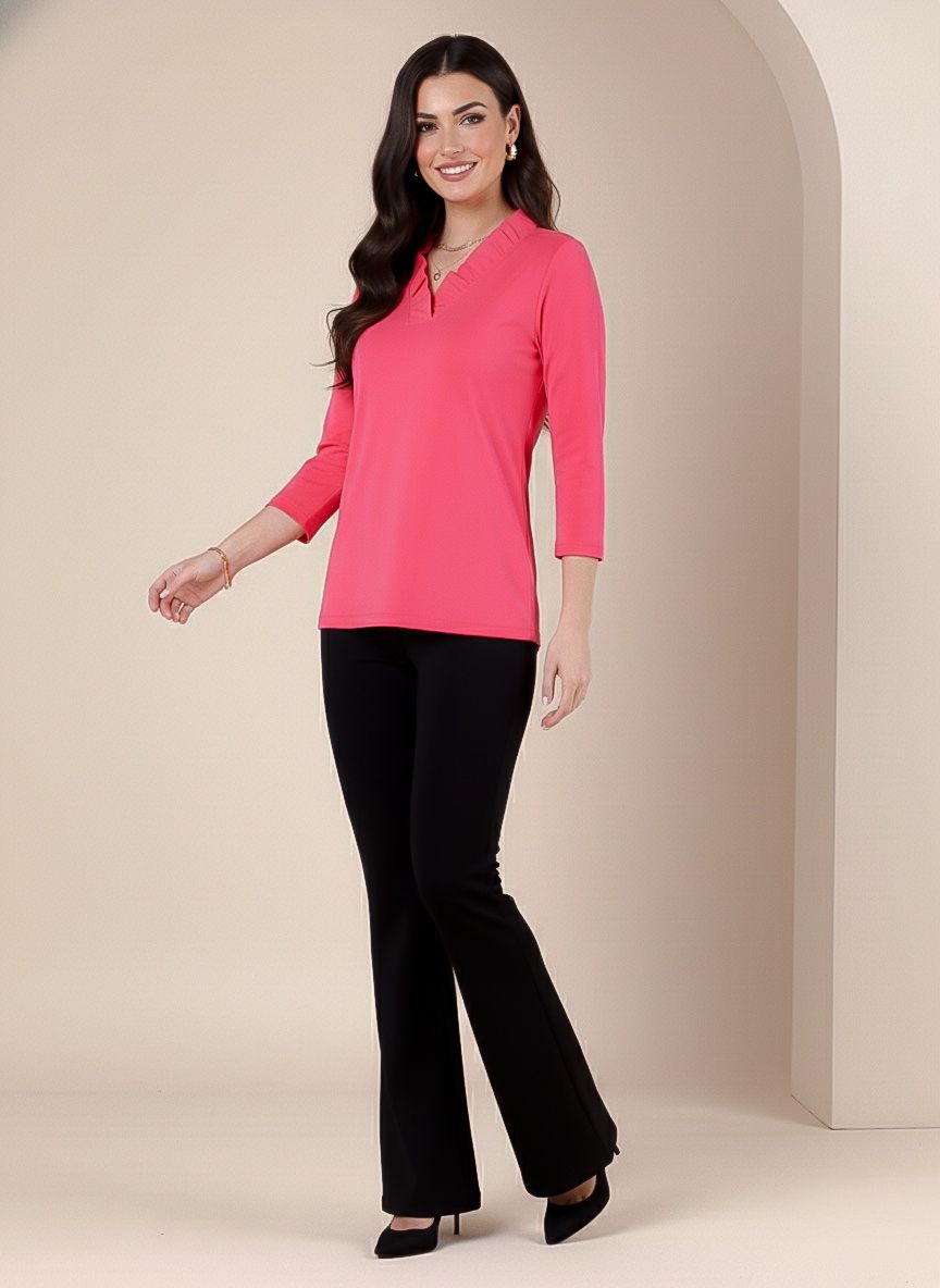 Solid Knit 3/4 Sleeve Ruffle Portrait Neck Top