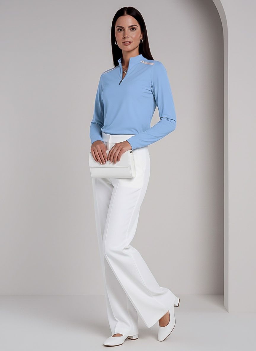 Solid Knit 3/4 Sleeve Embellished Zip Mock Neck Top