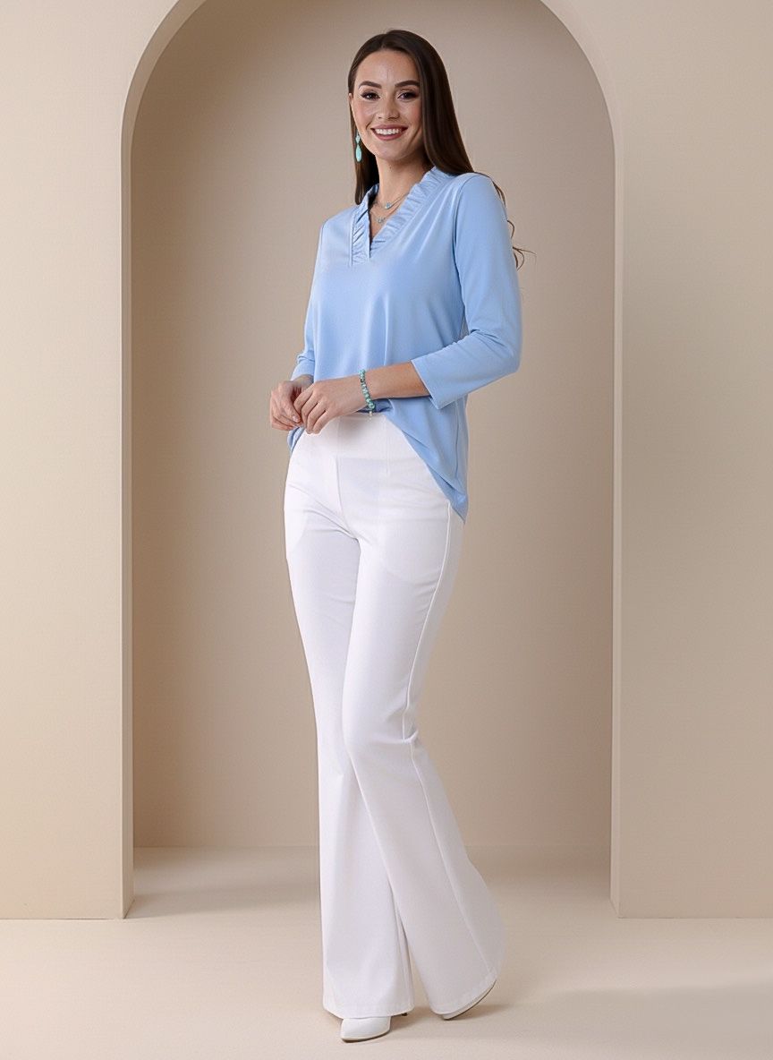 Solid Knit 3/4 Sleeve Ruffle Portrait Neck Top