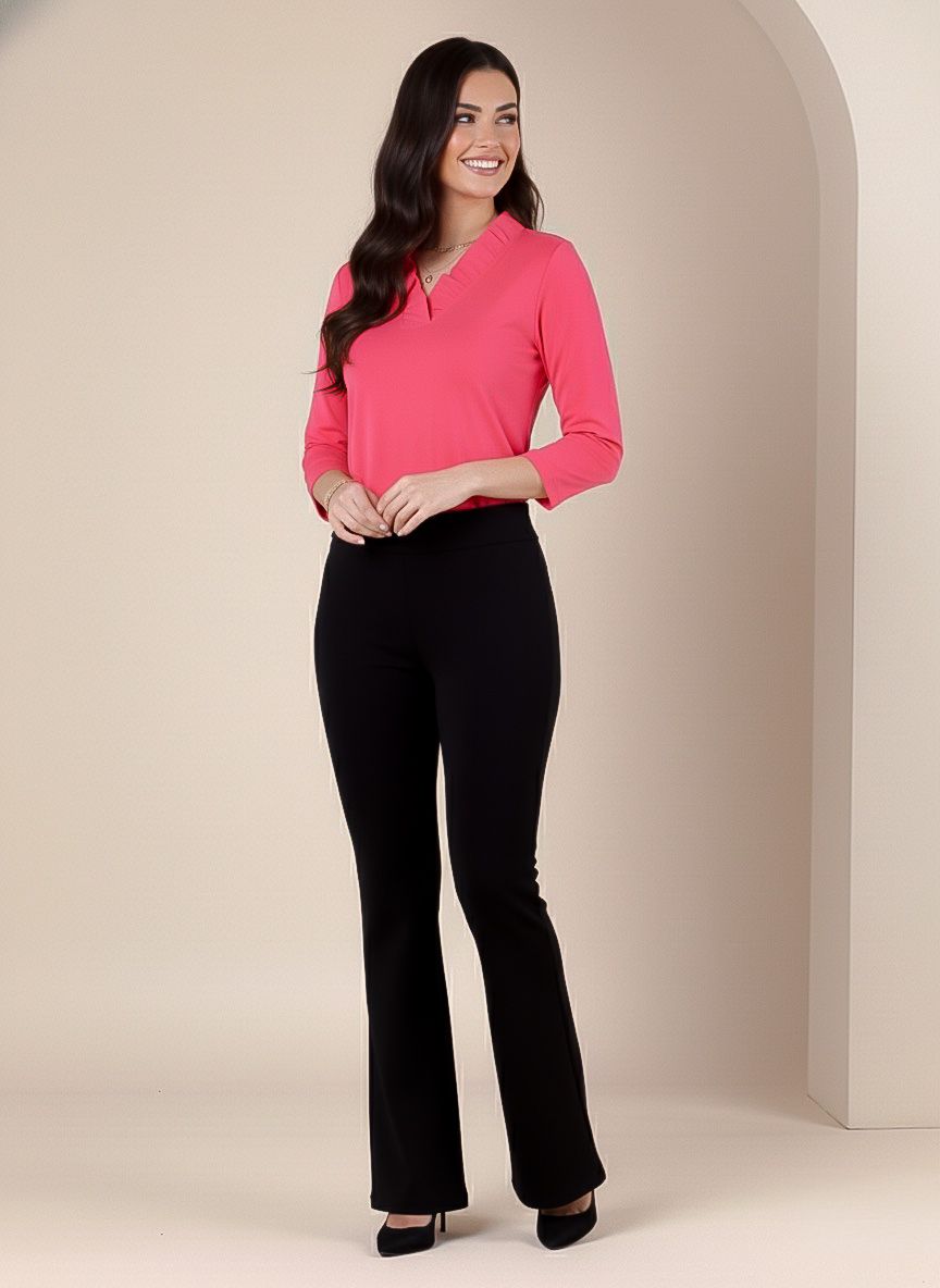 Solid Knit 3/4 Sleeve Ruffle Portrait Neck Top