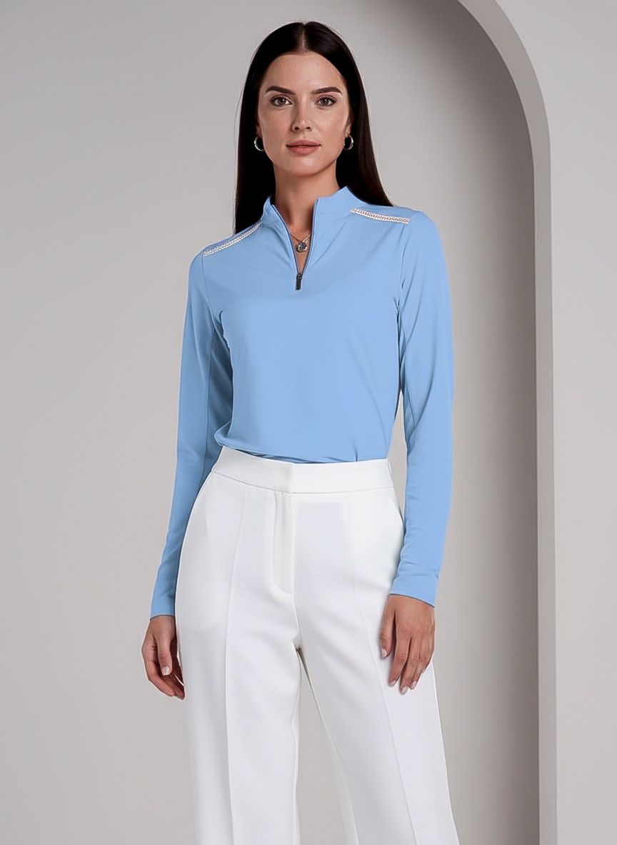 Solid Knit 3/4 Sleeve Embellished Zip Mock Neck Top