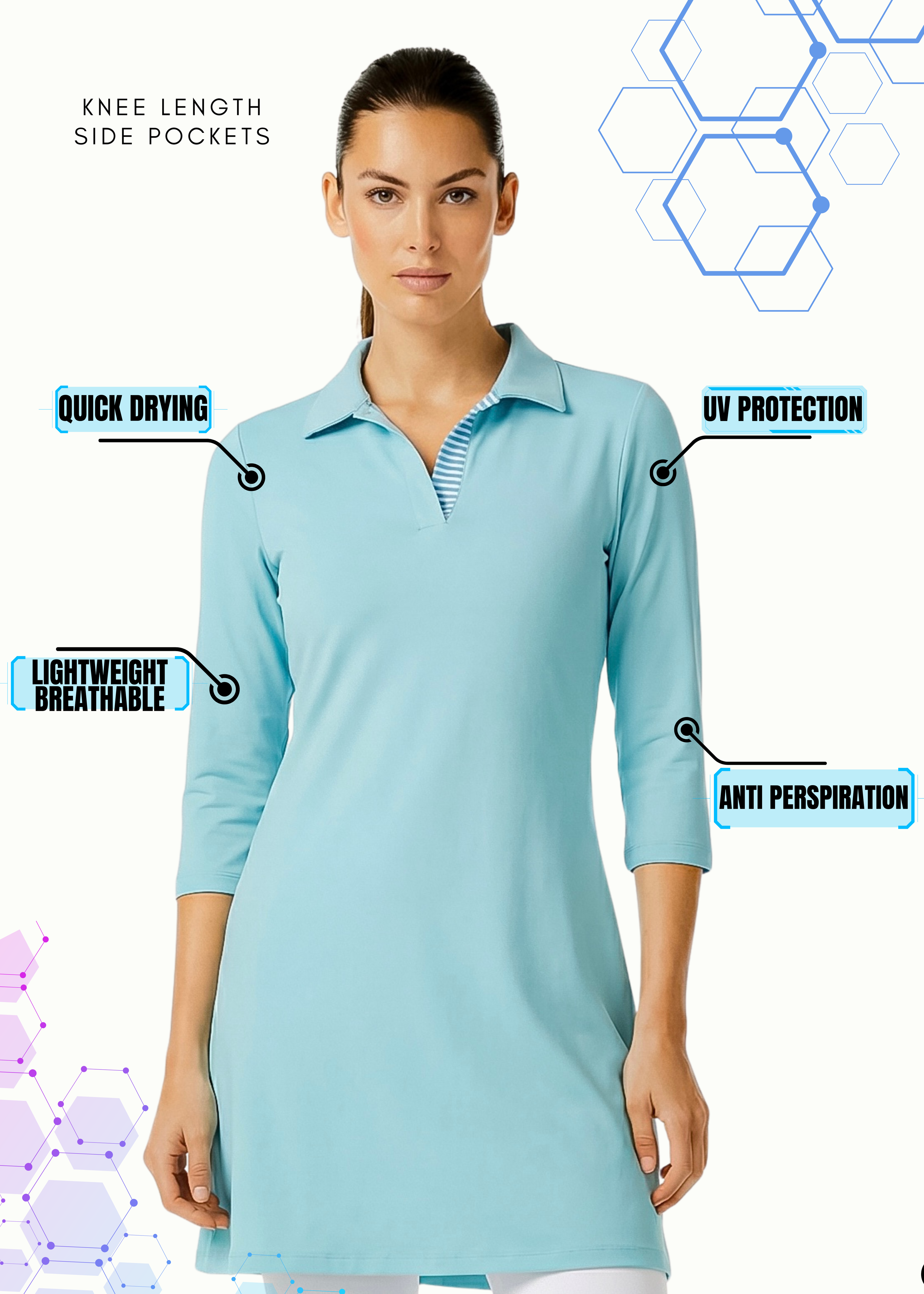 3/4 Sleeve Polo Neck Poly Dress (CYAN)