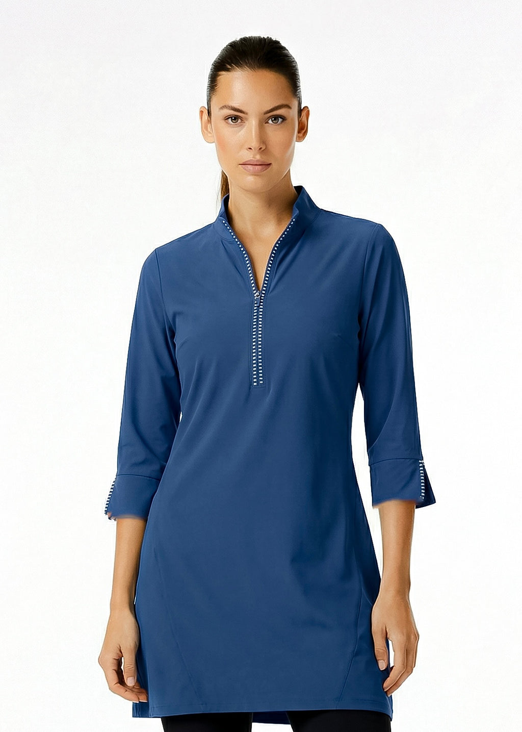 Stripe 3/4 Slit Sleeves Piping Portrait Neckline & Mock Zip Collar (Navy)