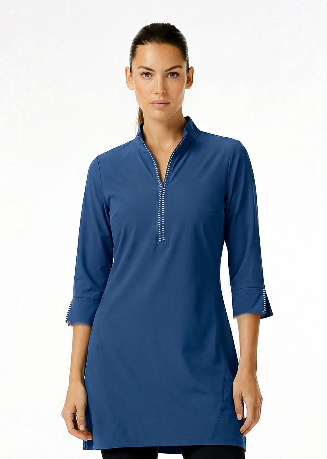 Stripe 3/4 Slit Sleeves Piping Portrait Neckline & Mock Zip Collar (Navy)