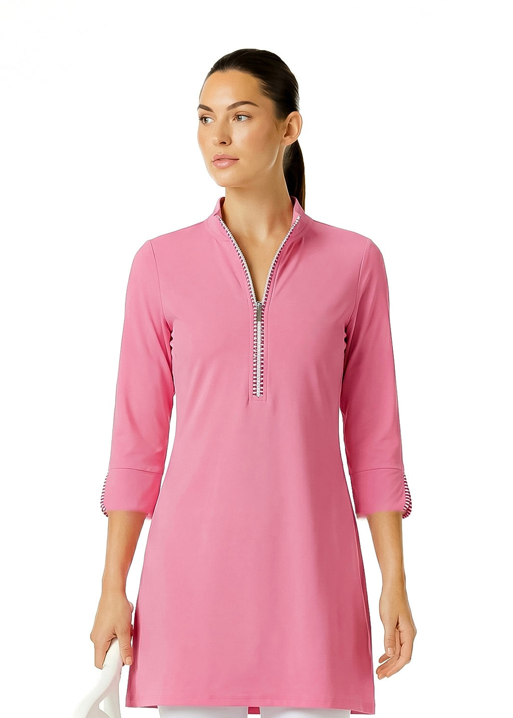 Stripe 3/4 Slit Sleeves Piping Portrait Neckline & Mock Zip Collar (Nude Pink)