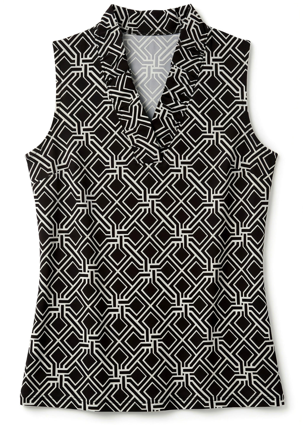 Messina Print Cotton Knit Sleeveless Ruffle Portrait Neck Top