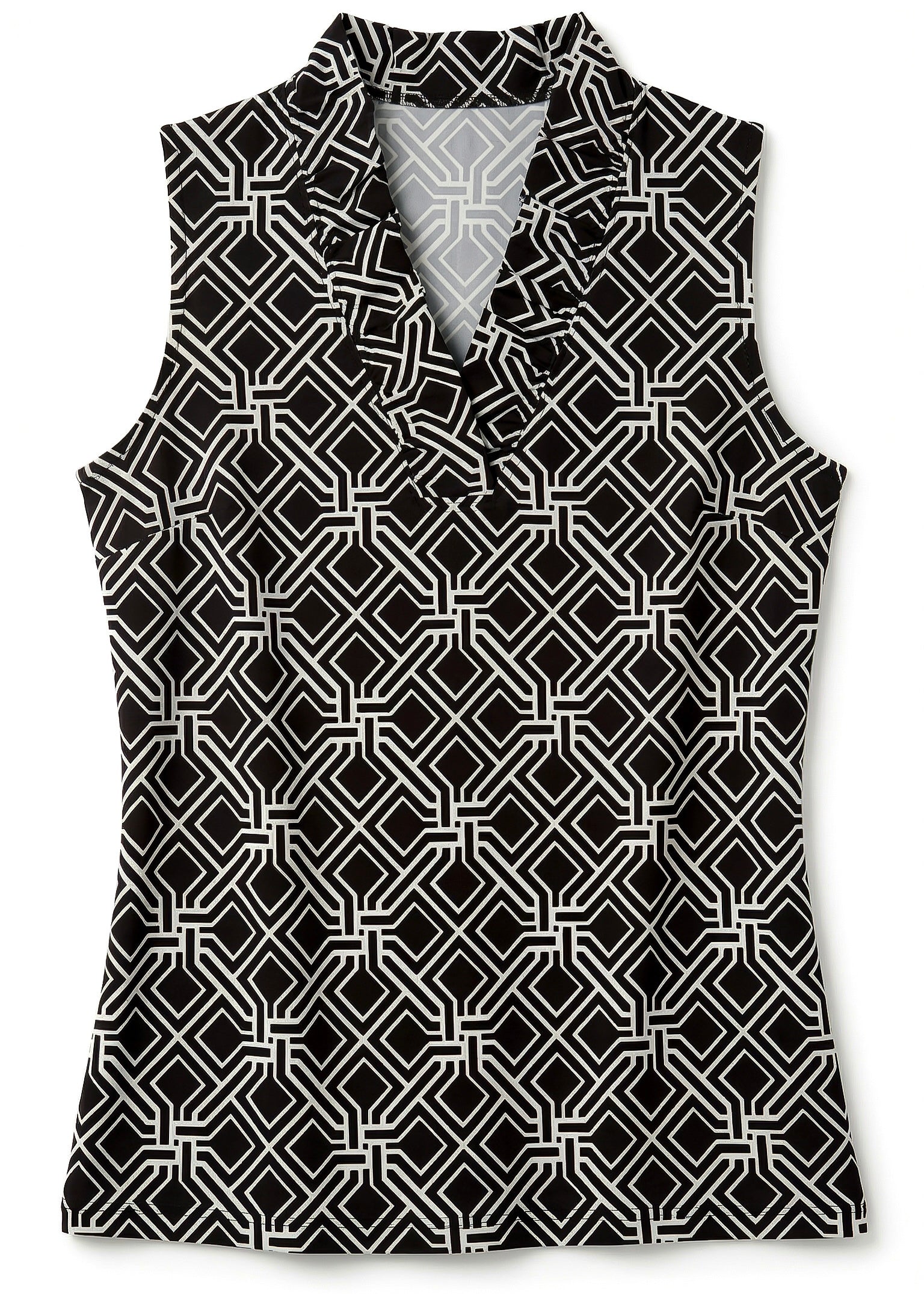 Messina Print Cotton Knit Sleeveless Ruffle Portrait Neck Top