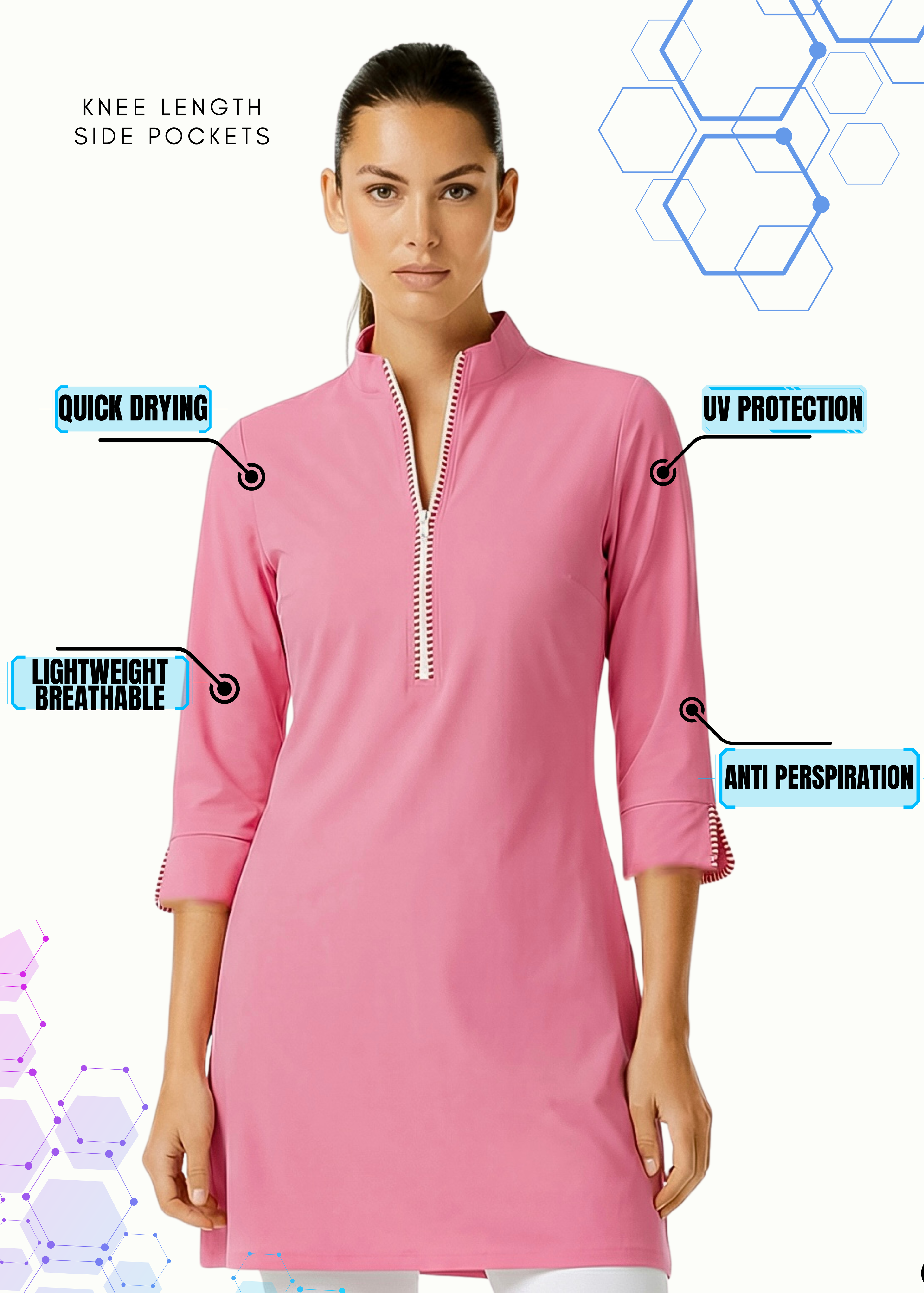 Stripe 3/4 Slit Sleeves Piping Portrait Neckline & Mock Zip Collar (Nude Pink)