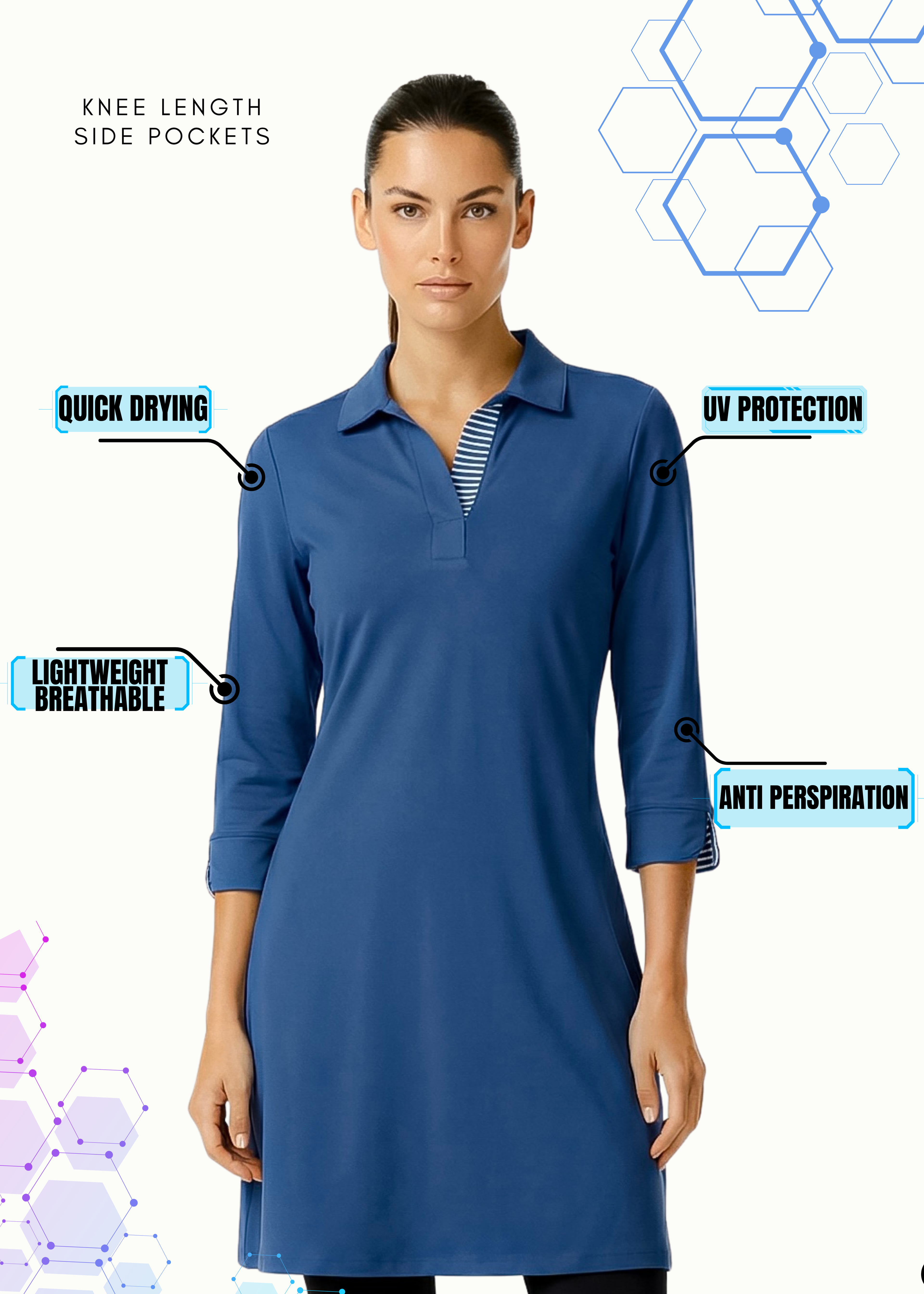 3/4 SLEEVE POLO NECK POLY DRESS (Navy)