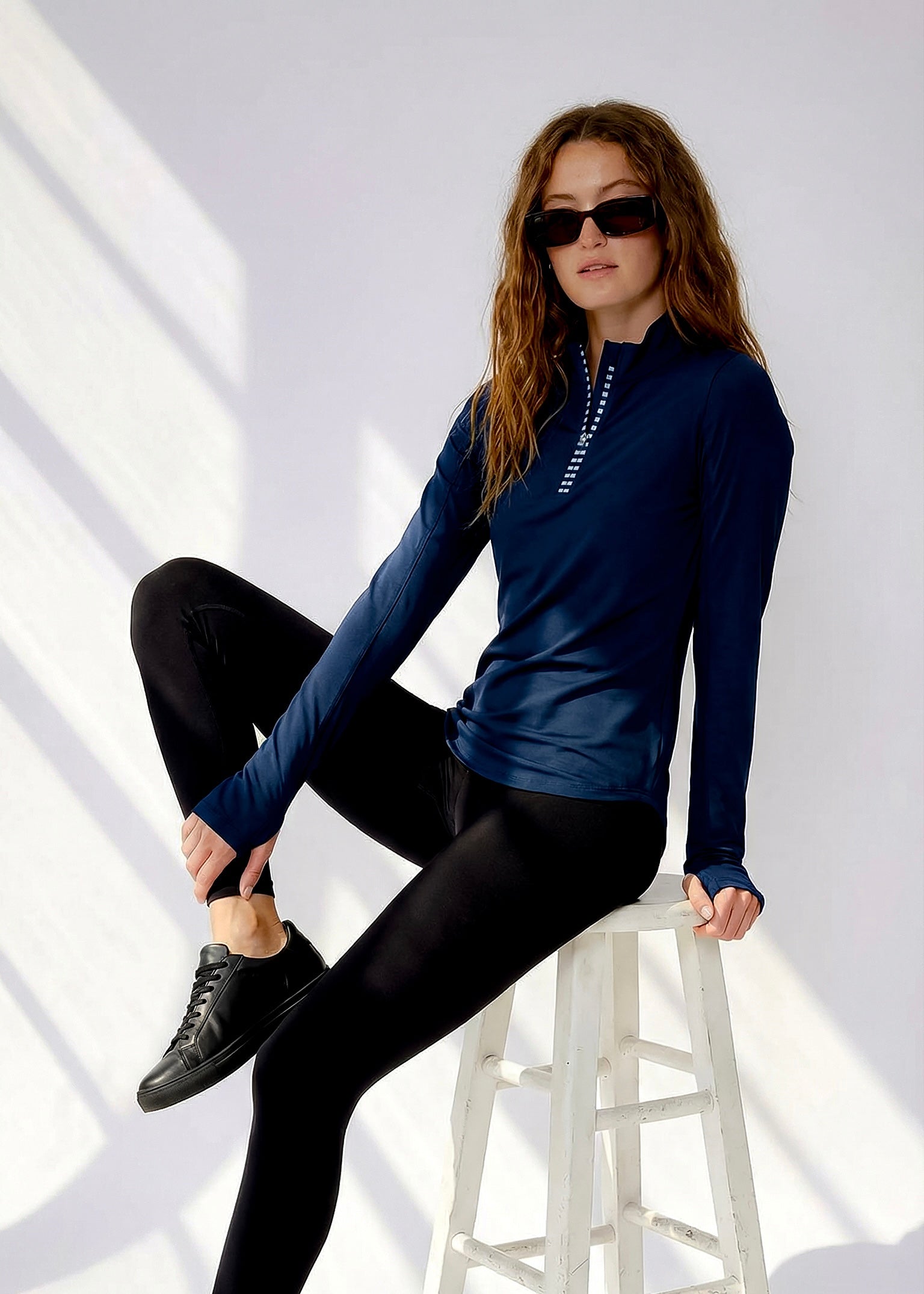Long Sleeve Mock Neck Poly Top (Dark Navy)