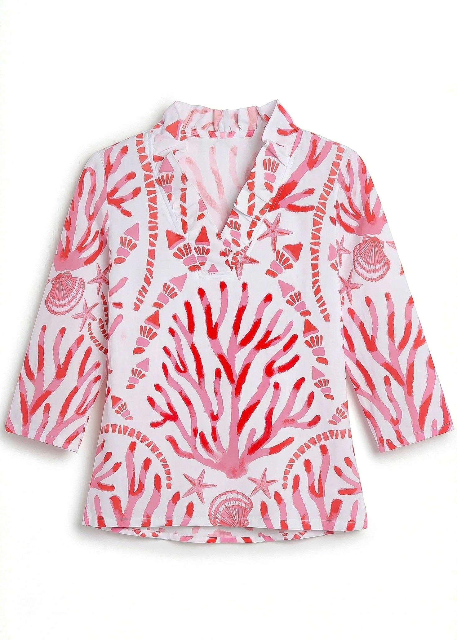 Coralia print cotton Knit 3/4 Sleeve Ruffle Portrait Neck Top