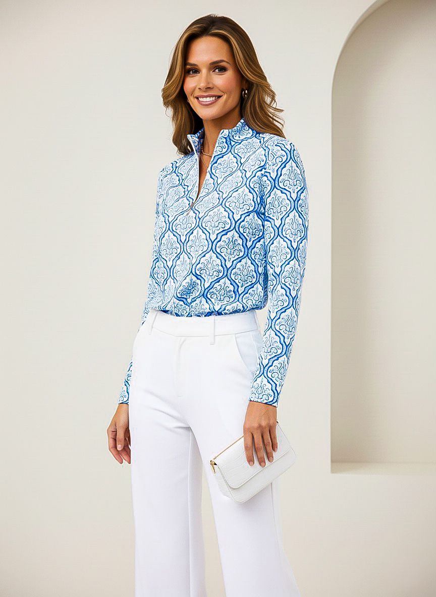 KARIZMA PRINT COTTON KNIT ZIP MOCK NECK TOP