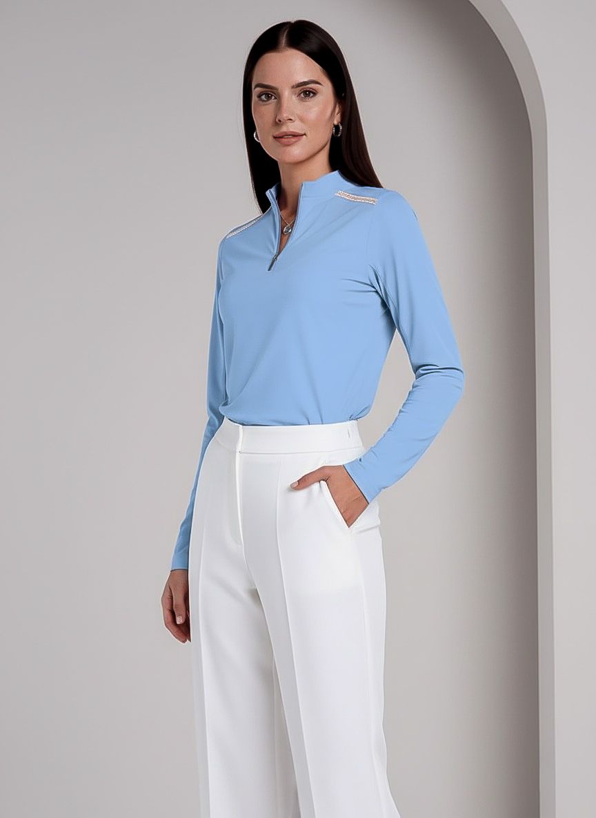 Solid Knit 3/4 Sleeve Embellished Zip Mock Neck Top