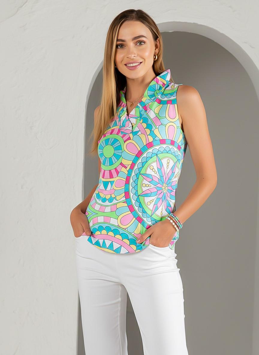 Terracotta Print Cotton Knit Sleeveless Ruffle Portrait Neck Top