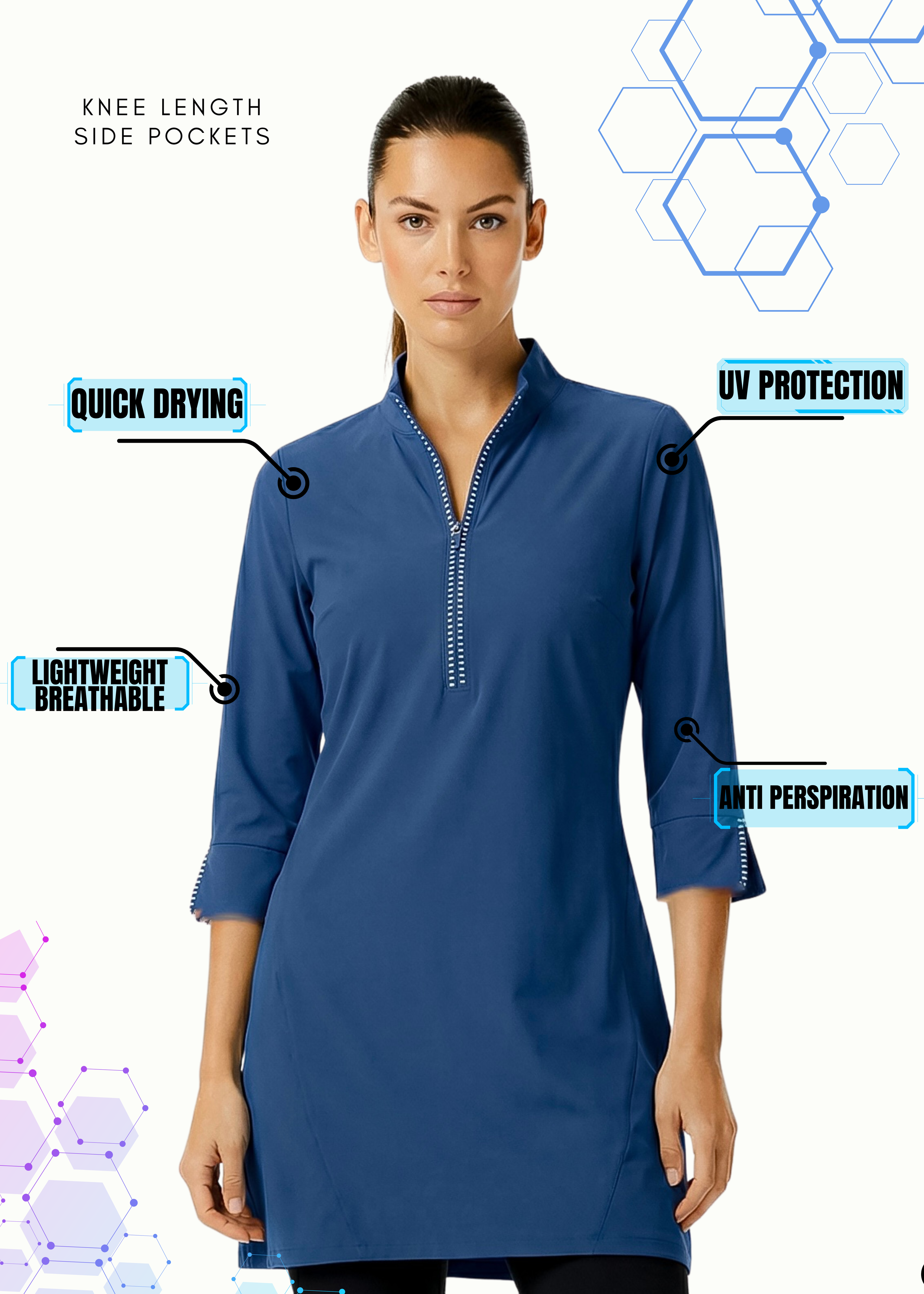 Stripe 3/4 Slit Sleeves Piping Portrait Neckline & Mock Zip Collar (Navy)