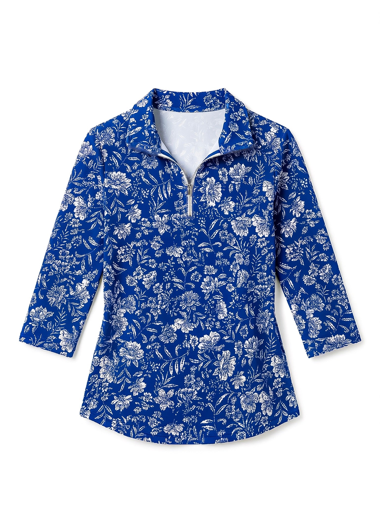 Natalia Printed Cotton Knit 3/4 Sleeve Polo Neck Top