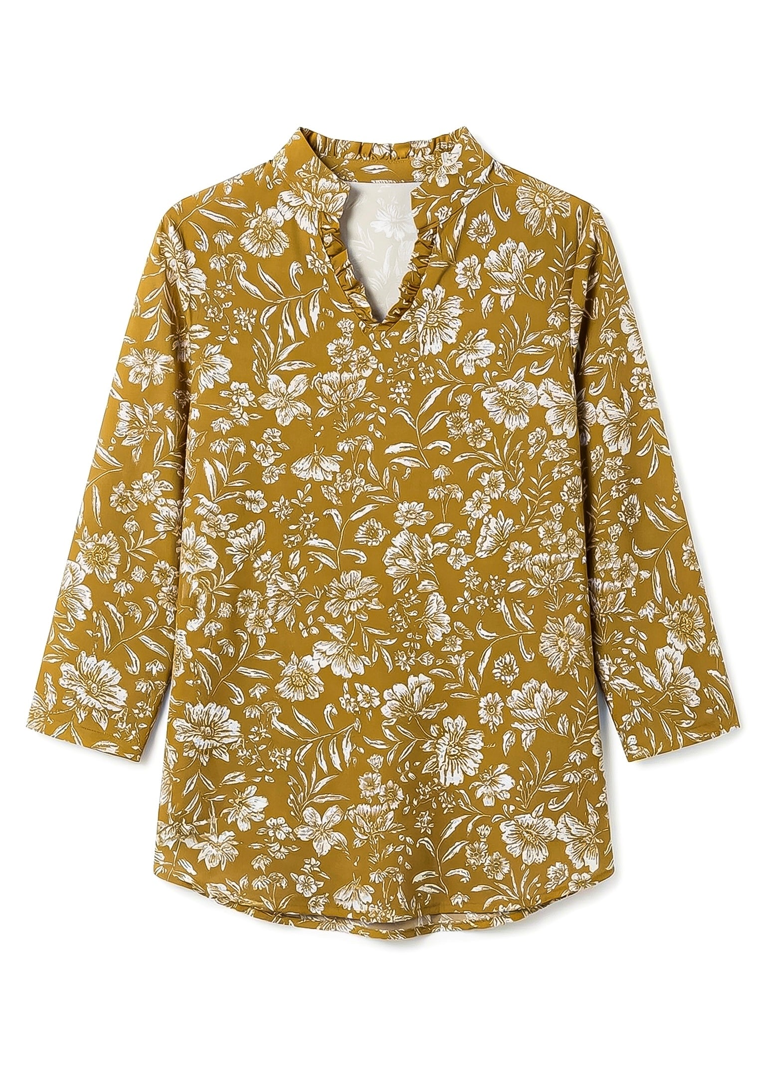 Natalia Print Cotton Knit 3/4 Sleeve Ruffle Placket Mock Top