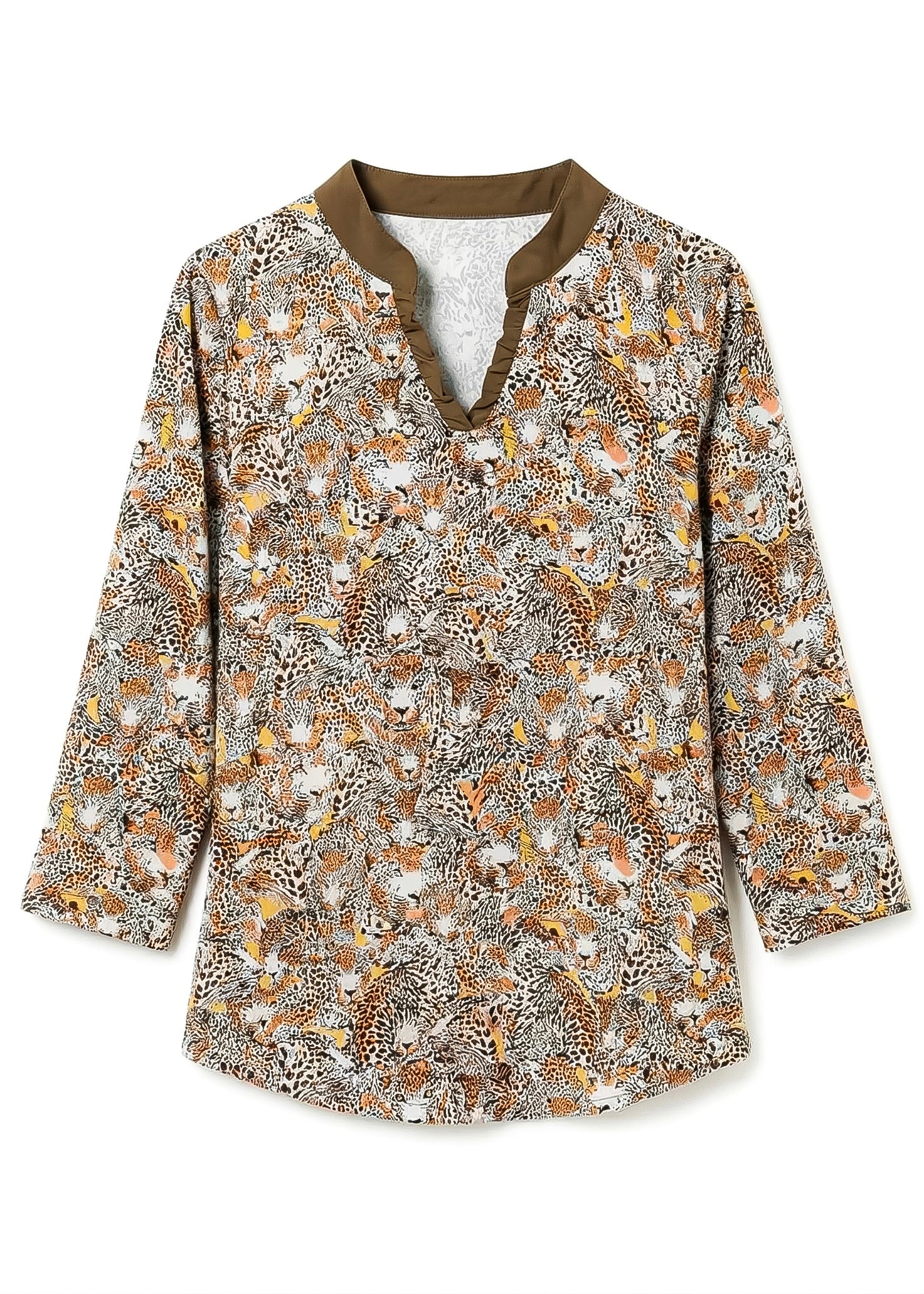 Wild side Print Cotton Knit 3/4 Sleeve Ruffle Placket Mock Top