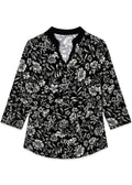 Natalia Print Cotton Knit 3/4 Sleeve Ruffle Placket Mock Top