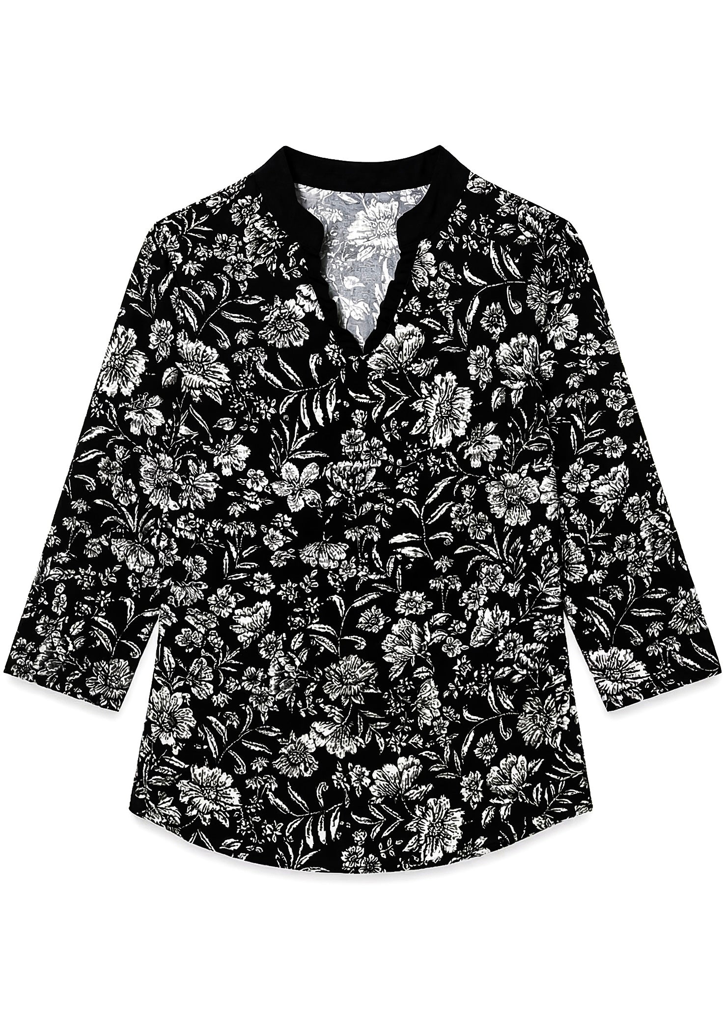 Natalia Print Cotton Knit 3/4 Sleeve Ruffle Placket Mock Top